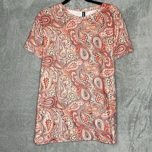 Just Fashion Now XL Shirt Top Pink Paisley Short Sleeve Round Neck Stretch Knit